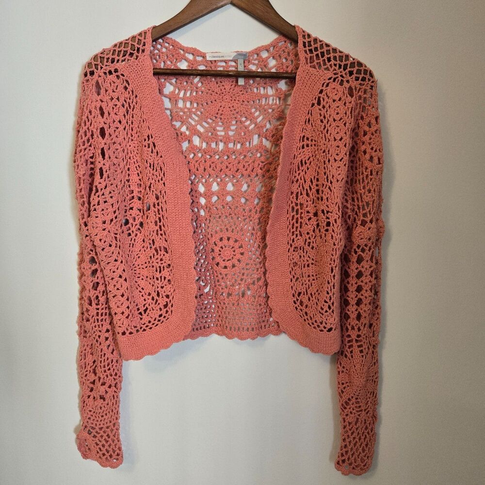 Y2K Crochet Bolero Shrug Cardigan M Fairy Coastal Cottage Scalloped